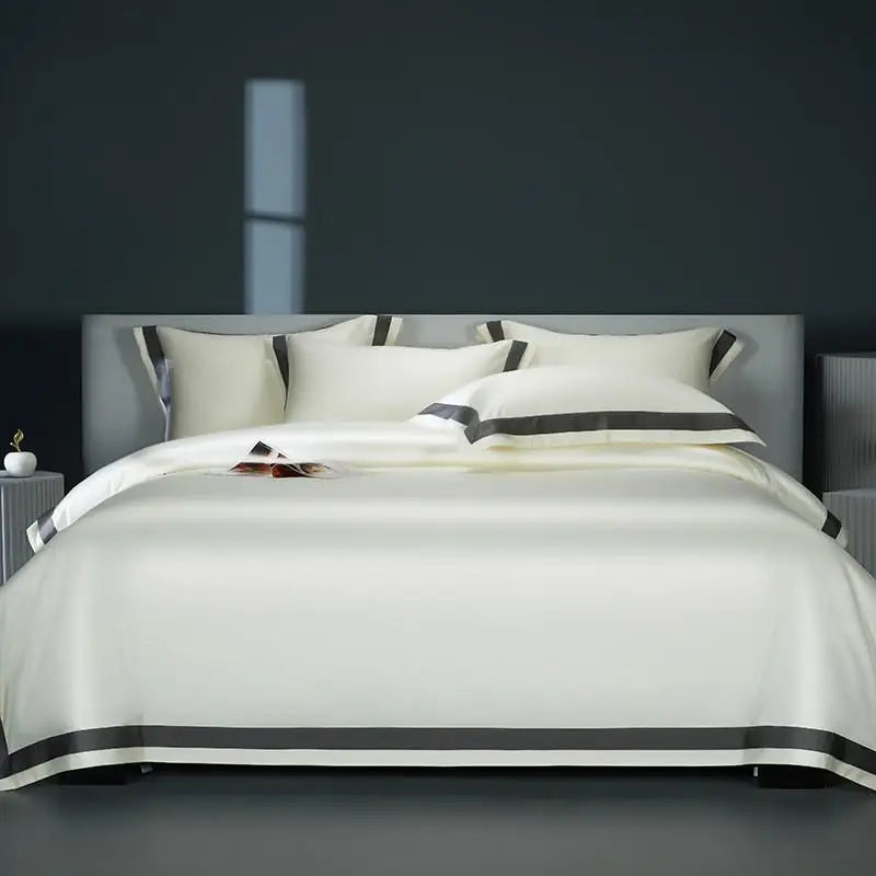 Premium 1400TC Egyptian Cotton Smooth Soft Bedding Set Chic White Grey Patchwork Duvet Cover Flat/Fitted Bed Sheet Pillowcases