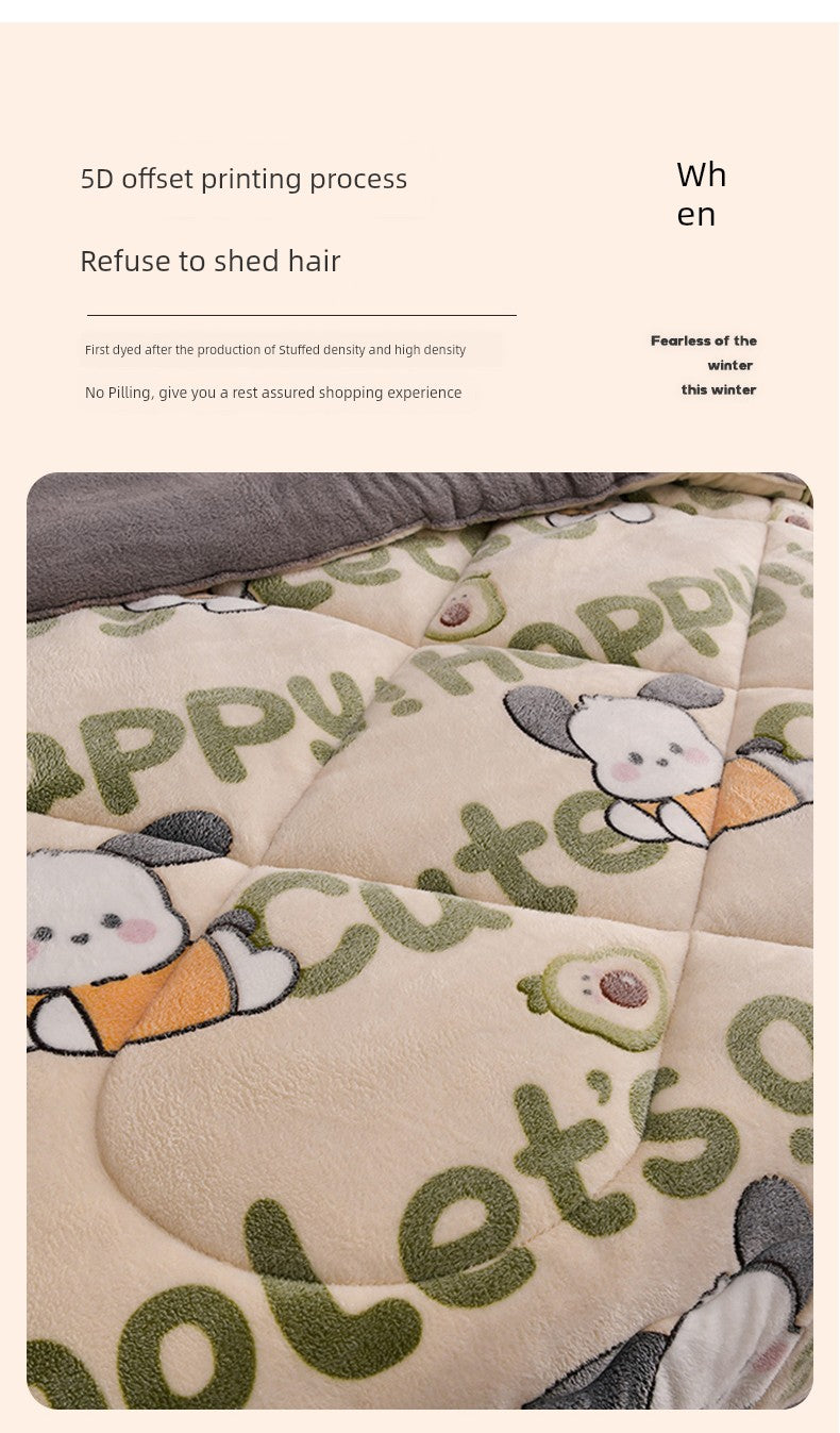Quilt with cartoon cat designs and text on a beige background