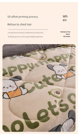 Quilt with cartoon cat designs and text on a beige background