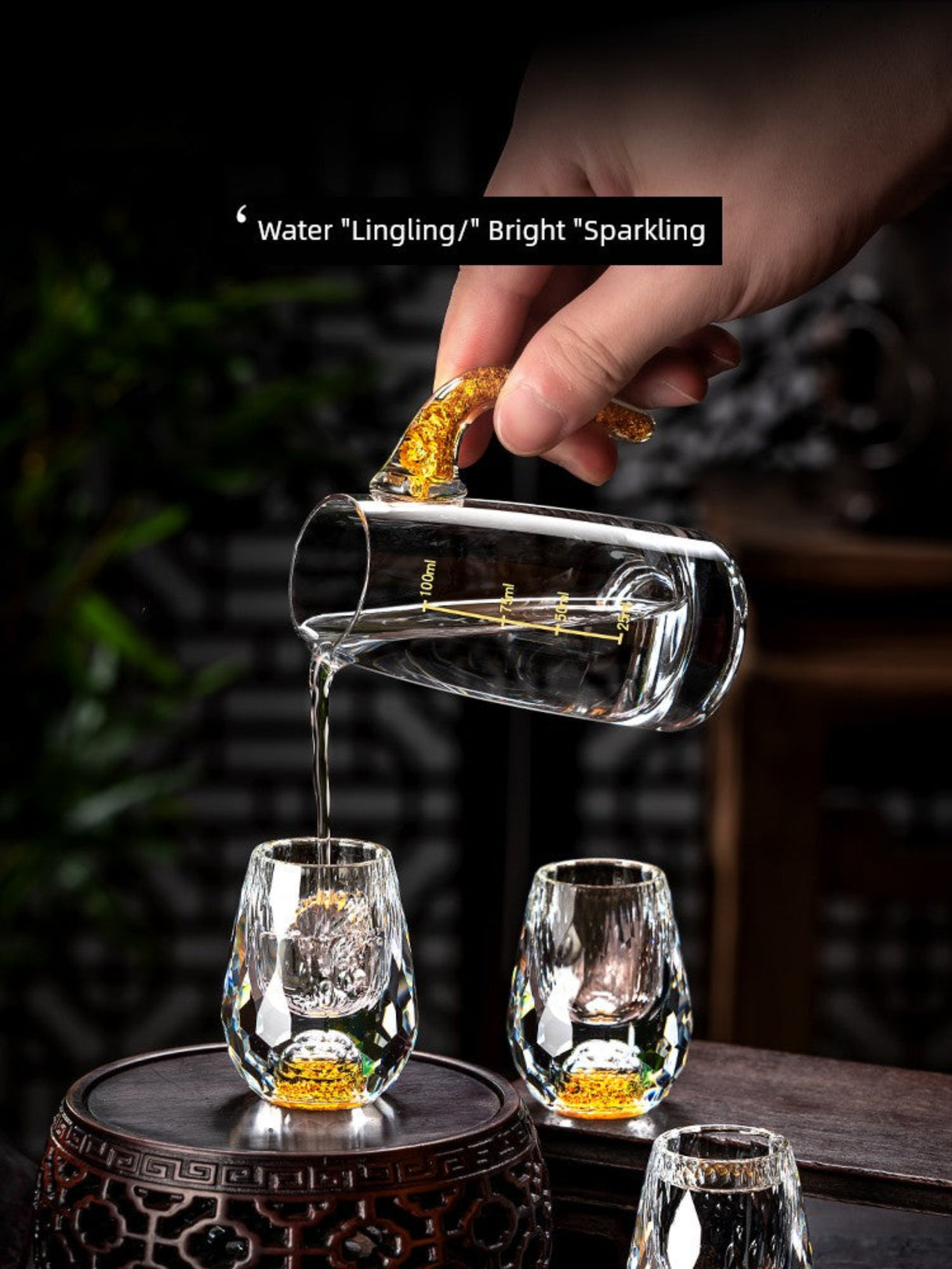Crystal Glass Wine Decanter Set with Gold Foil Shot Cup