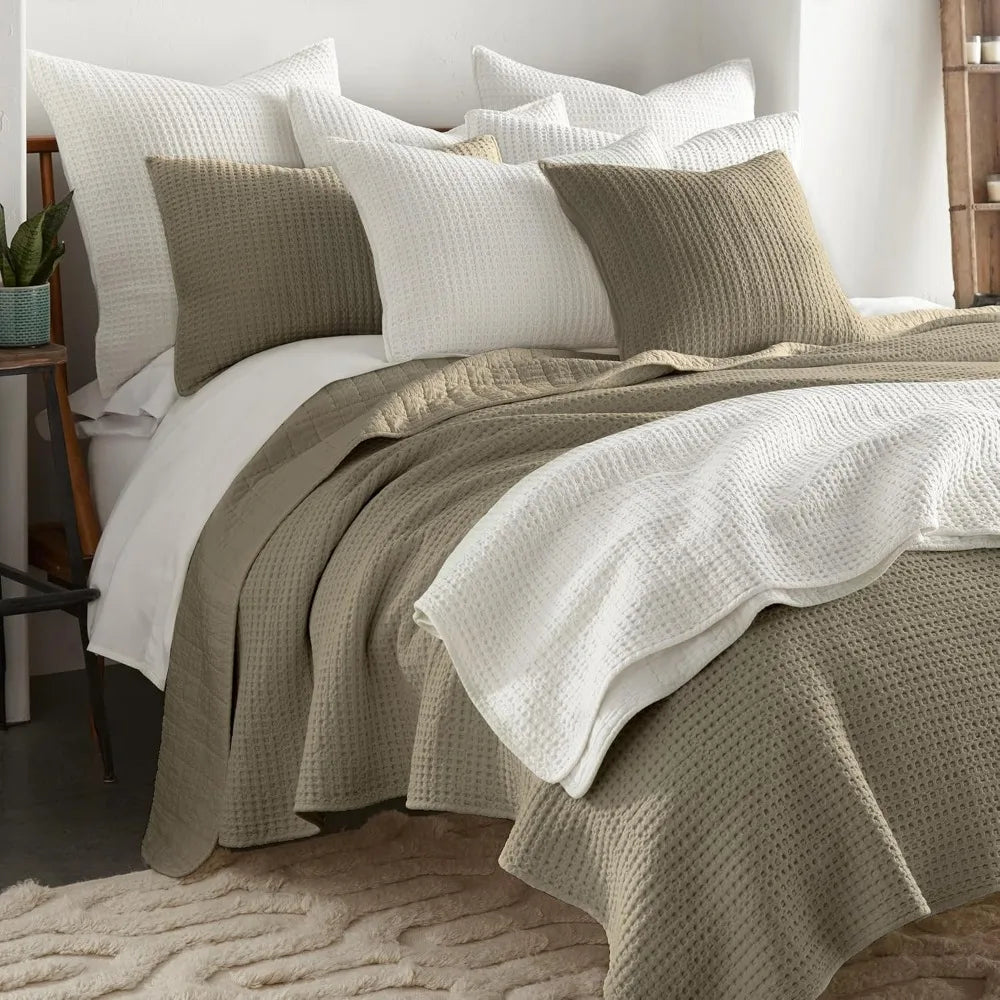 Elegant Taupe Cotton Waffle Quilt Set with Pillow Shams for Full/Queen Bed Julia M LifeStyles