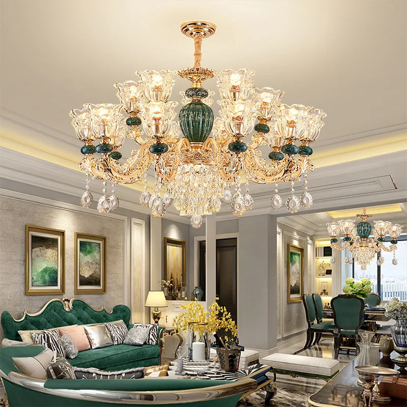 LED Crystal Ceramic Retro Ceiling Chandelier - European Style Luxury Lamp