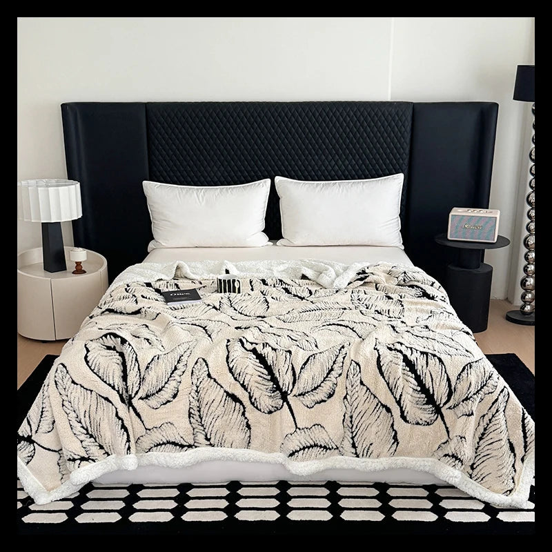 Super Thick Blanket for Winter Warm Lamb Fleece Plaids for Sofa Single/Queen/King Leaves Printed Bedspread Winter Thow Blanket Julia M LifeStyles