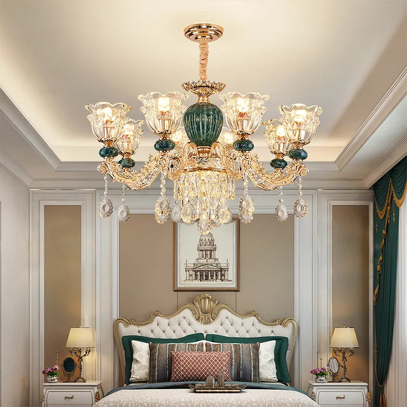 LED Crystal Ceramic Retro Ceiling Chandelier - European Style Luxury Lamp