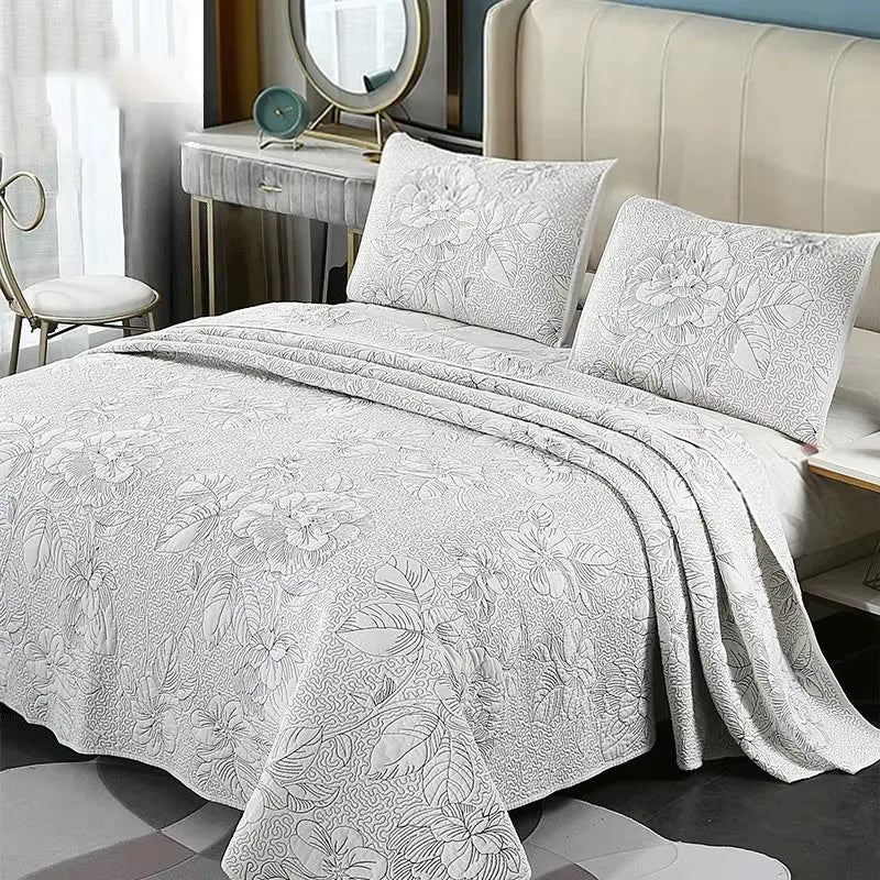 Embroidered Cotton Quilt Set 3PCS King Queen Bedspread with 2 Pillow Shams Summer Lightweight Double Blanket Breathable Coverlet