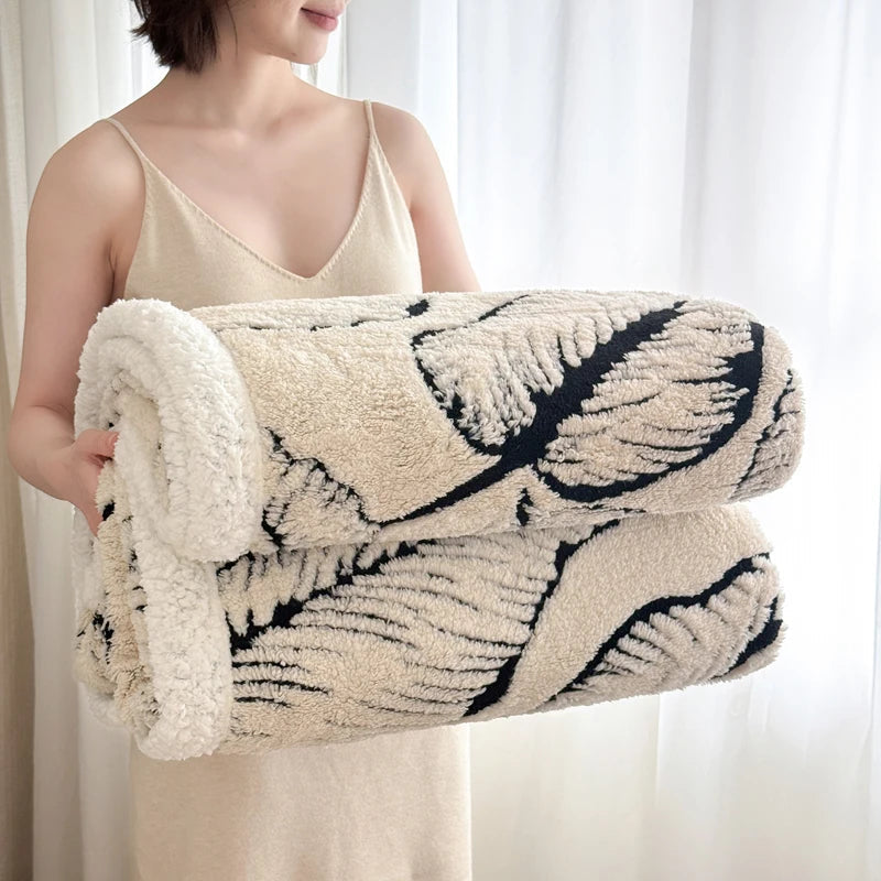 Super Thick Blanket for Winter Warm Lamb Fleece Plaids for Sofa Single/Queen/King Leaves Printed Bedspread Winter Thow Blanket Julia M LifeStyles