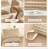 Collage of quality details of a beige fabric product including cotton waffle texture, metal zipper, pillowcase design, and corner strap.