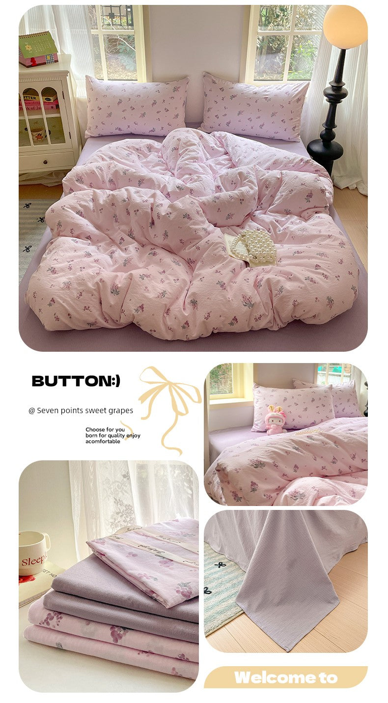 Young Adult Heart Double-Layer Yarn Bedding Four-Piece Set Washed Cotton Duvet Cover Dormitory Bed Single Student Three-Piece Set 4 Julia M LifeStyles