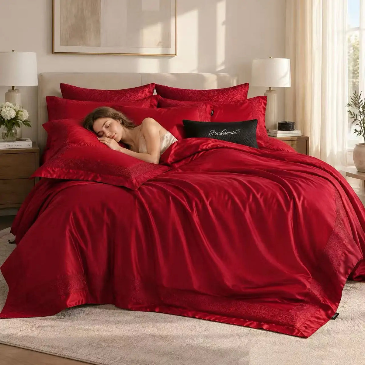 Red Cotton Jacquard Bedding Set with Duvet Cover, 4-Piece