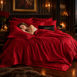 Red Cotton Jacquard Bedding Set with Duvet Cover, 4-Piece