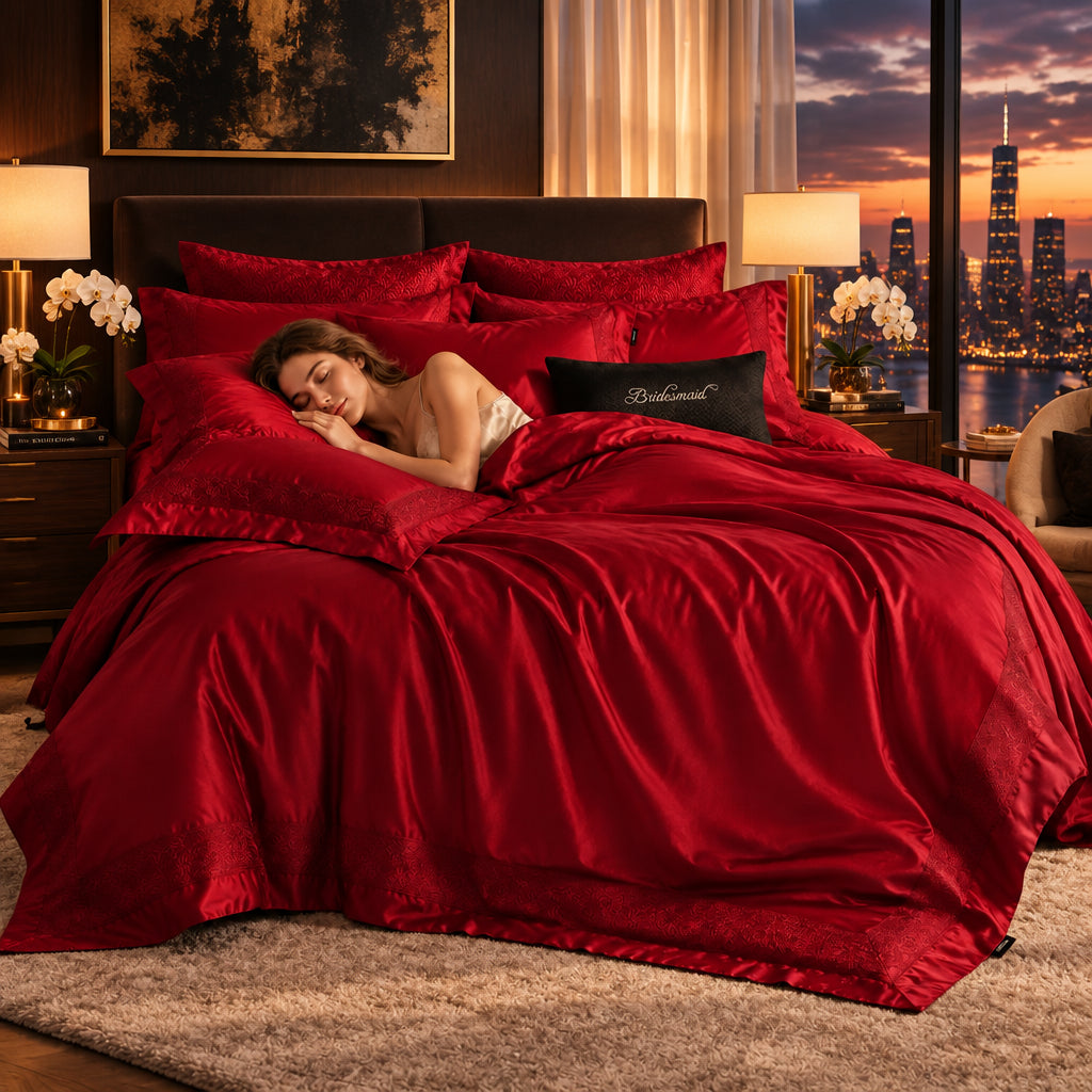 Red Cotton Jacquard Bedding Set with Duvet Cover, 4-Piece