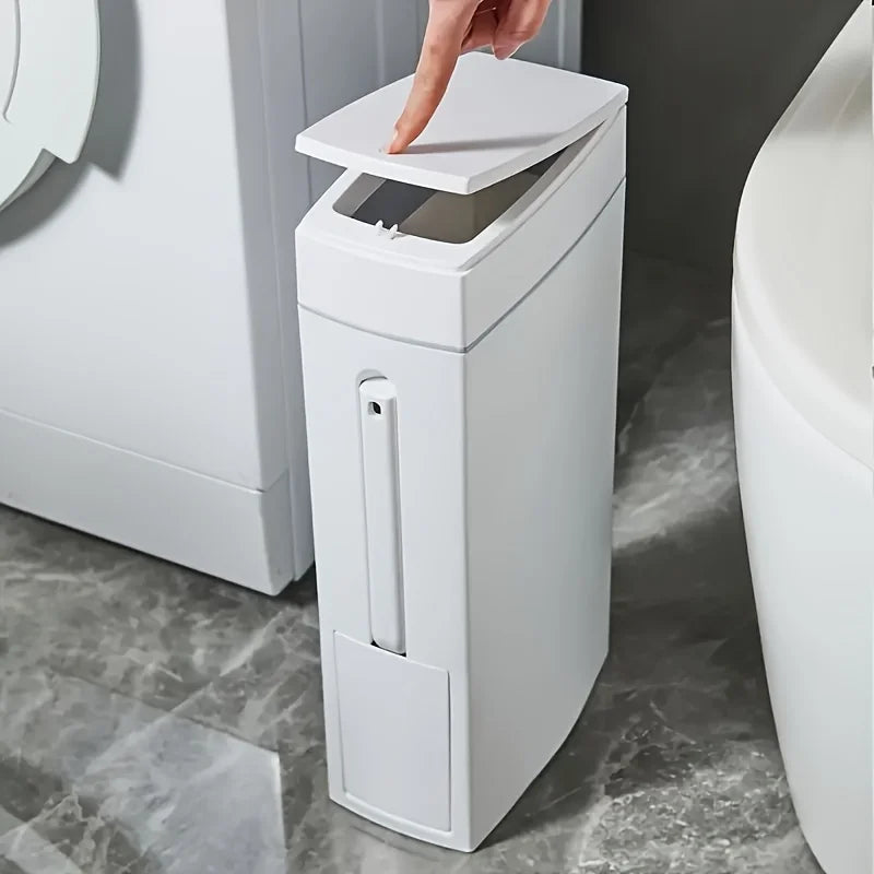 Space Saving Press Trash Can with Built In Toilet Brush Holder Durable Plastic Modern Minimalist Design for Small Bathroom Julia M Home & Kitchen
