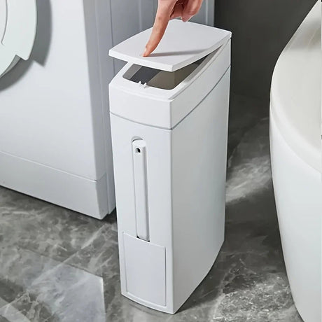 Space Saving Press Trash Can with Built In Toilet Brush Holder Durable Plastic Modern Minimalist Design for Small Bathroom Julia M Home & Kitchen