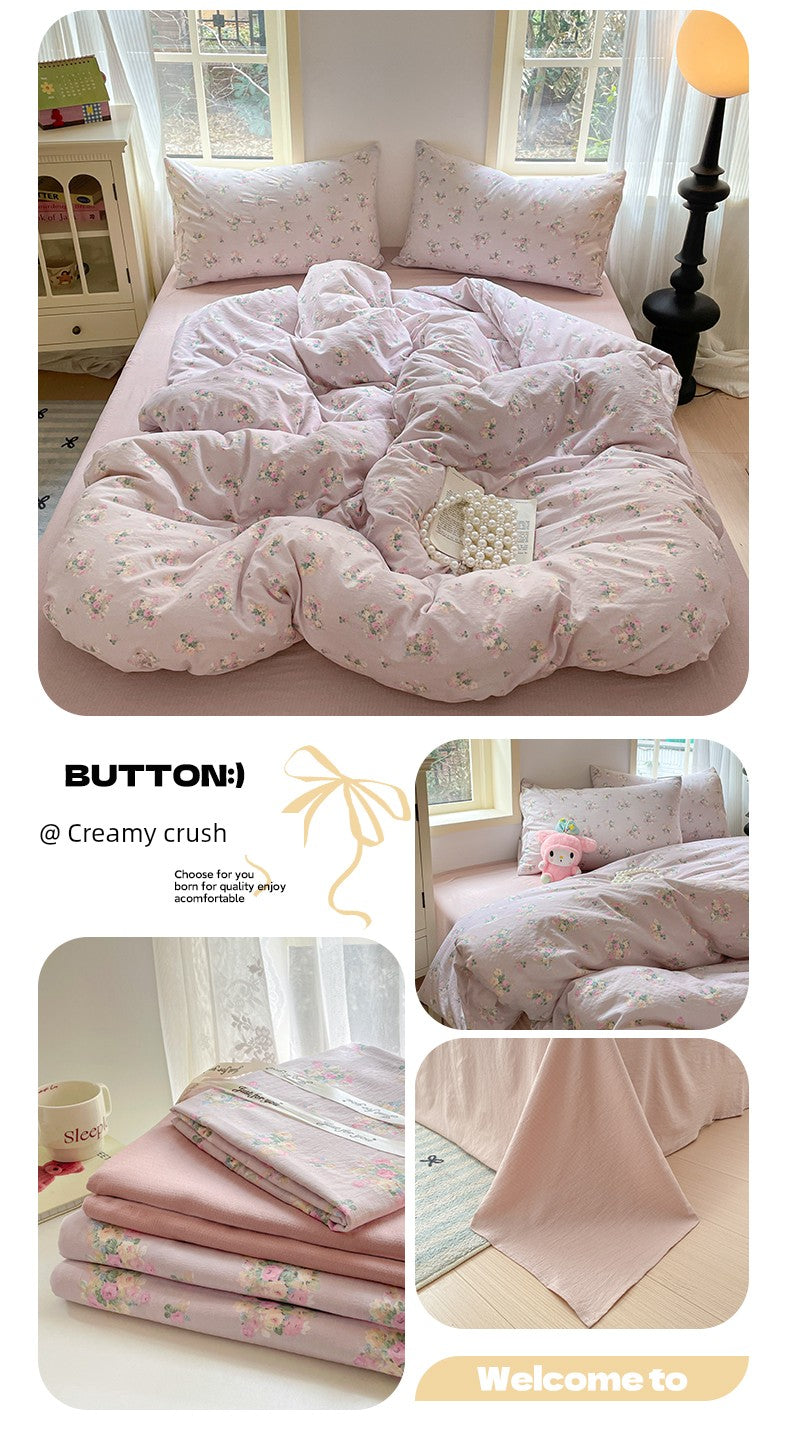 Young Adult Heart Double-Layer Yarn Bedding Four-Piece Set Washed Cotton Duvet Cover Dormitory Bed Single Student Three-Piece Set 4 Julia M LifeStyles