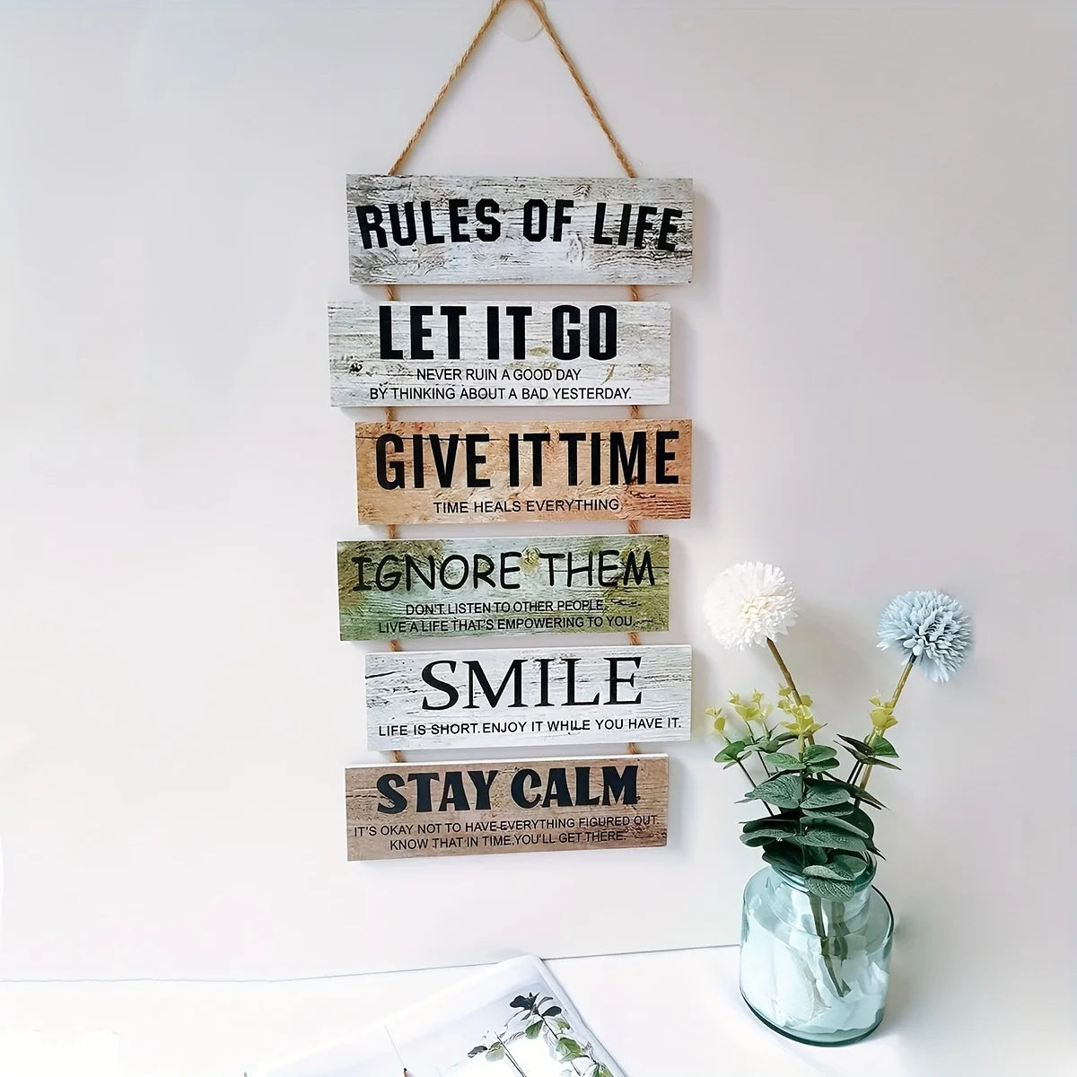 Wooden Inspirational Hanging Wall Art with Rope for Home Decor