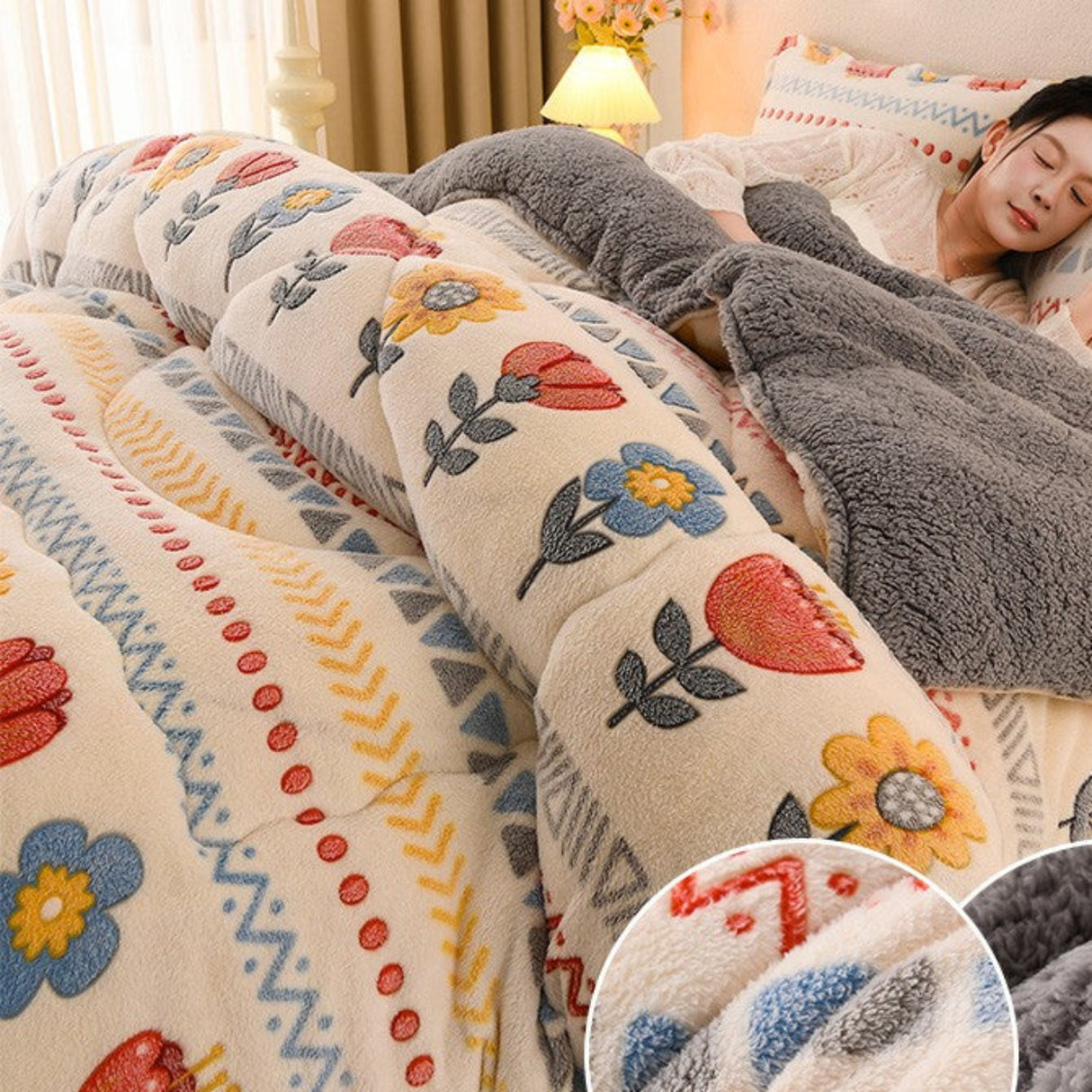 Floral patterned comforter with gray throw blanket on a bed, close-up of texture details.