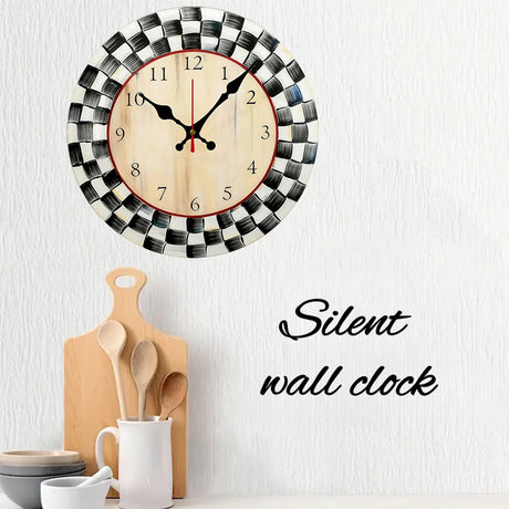 Elegant Black And White Grid Wooden Round Silent Wall Clock