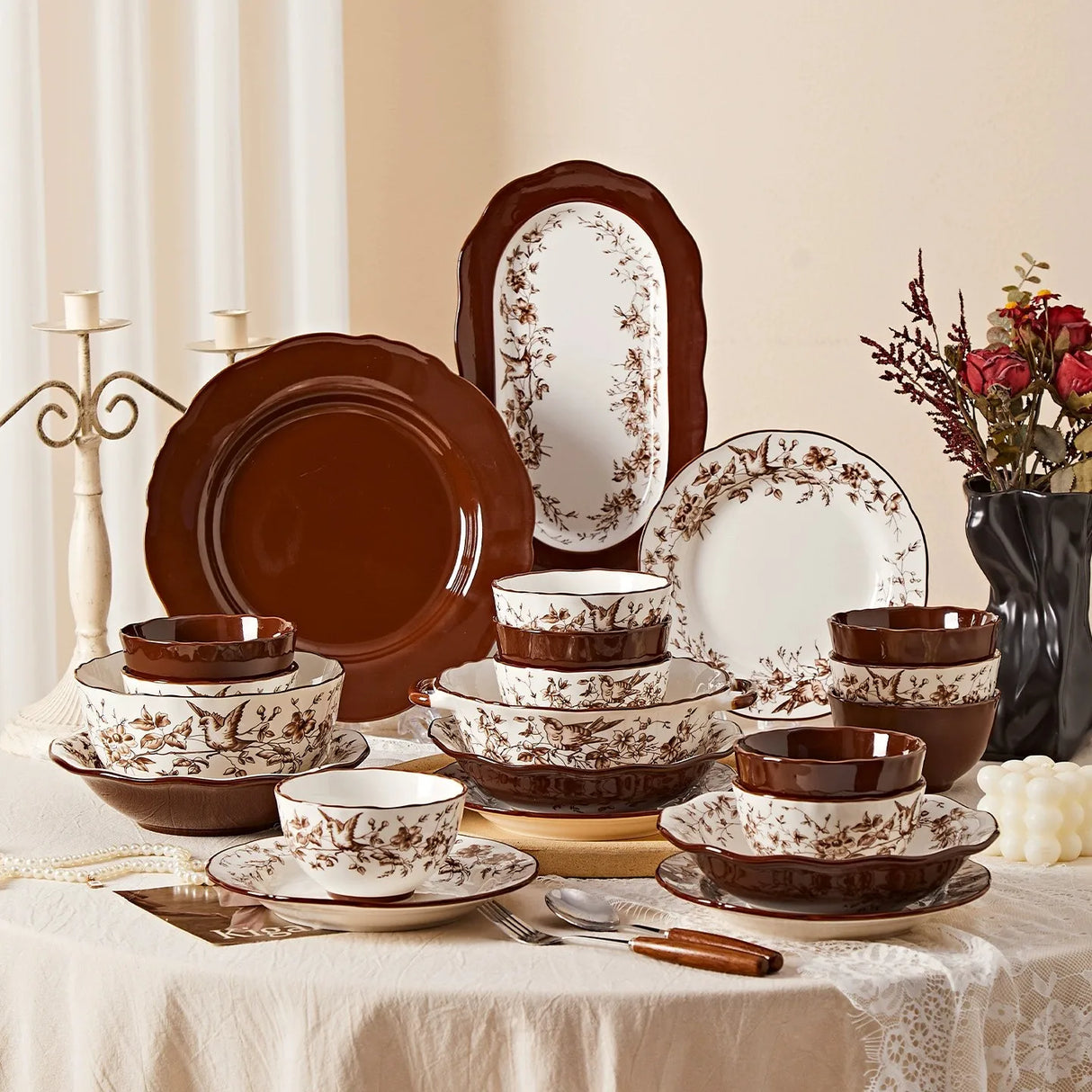 Retro Rose Household Anti-Slip full travel dish set is very luxurious luxury bowl kitchen dinner sets ceramic plates porcelain