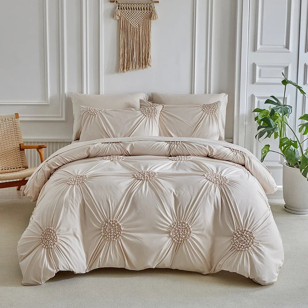 Three-dimensional Pleated Flowers Bedding Set Queen Simple Duvet Cover Set King Blanket Cover and Pillowcases Comforter Covers