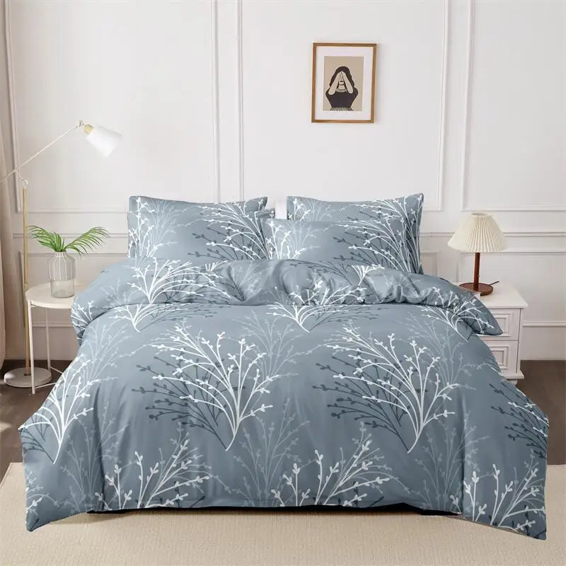 Queen Size Flower Branch Matte Duvet Cover Set - Soft and Skin-Friendly