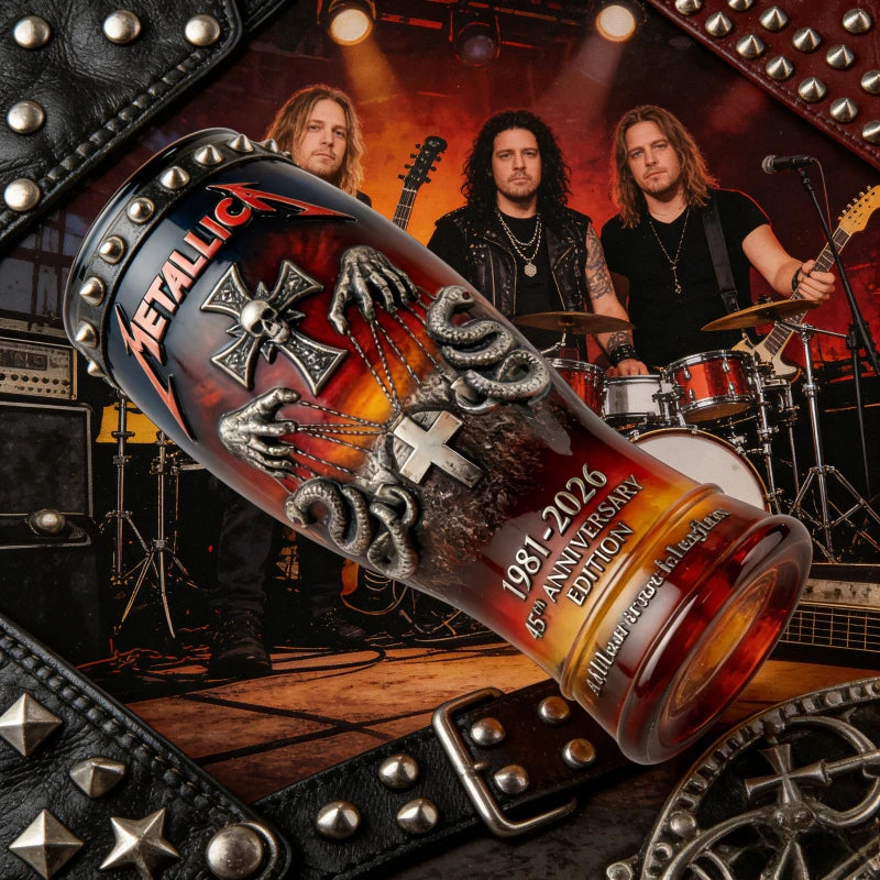 Metallica 45 Years of Fury Commemorative Glass, Vintage Heavy Metal Band Beer Mug, 3D Relief Blue Drinking Glass Rock Music