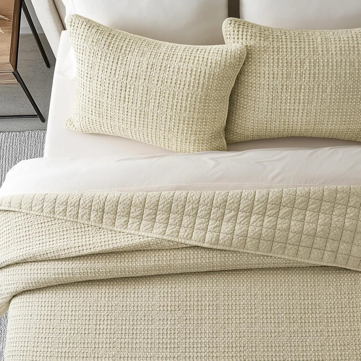 King Size 3-Piece Stonewashed Cotton Waffle Quilt Set, Durable & Lightweight for All Seasons with Box Stitch Design