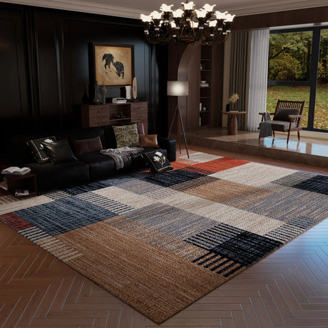 Modern living room with a checkered area rug, dark wood furniture, and large windows.