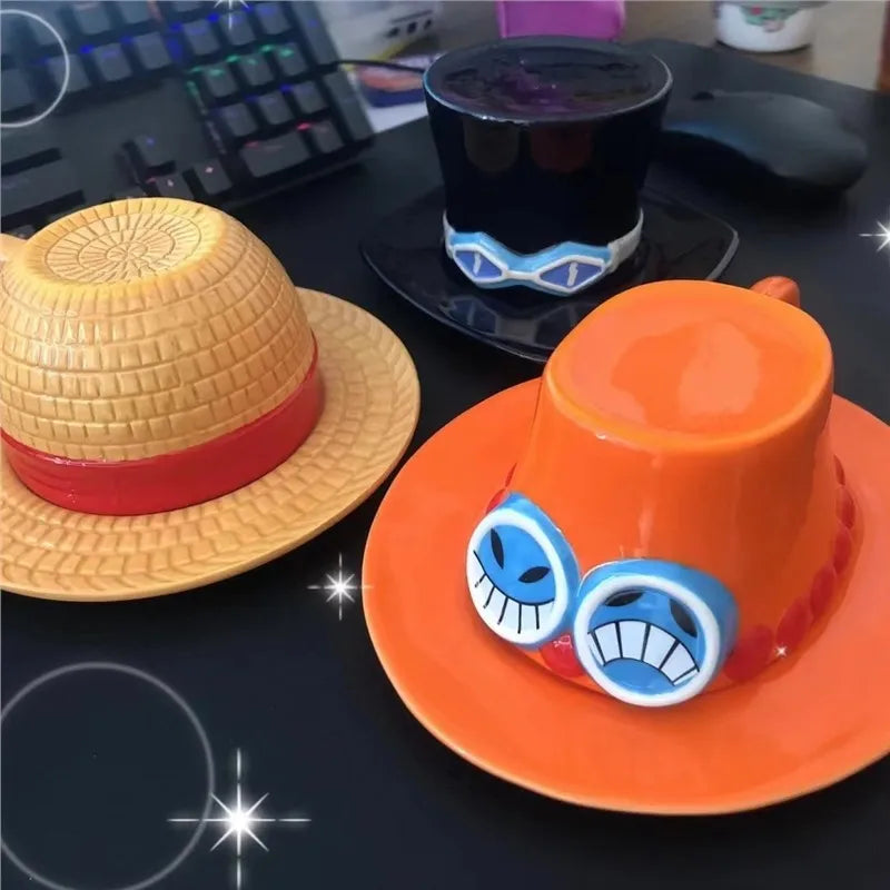 Anime Coffee Mug with Saucer Creative Luffy Ace Sabo Three Brothers Hat Shaped Ceramic Coffee Cup Child's Birthday Gift Cup Julia M LifeStyles