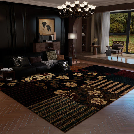 Luxurious living room with a large floral-patterned rug, dark furniture, and a chandelier.