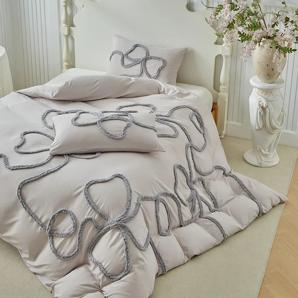 New Bow-knot Tufted Cut Flower Quilt Cover Set Queen Tufting Duvet Cover and Pillowcase Comfortable Skin-Friendly Blanket Covers