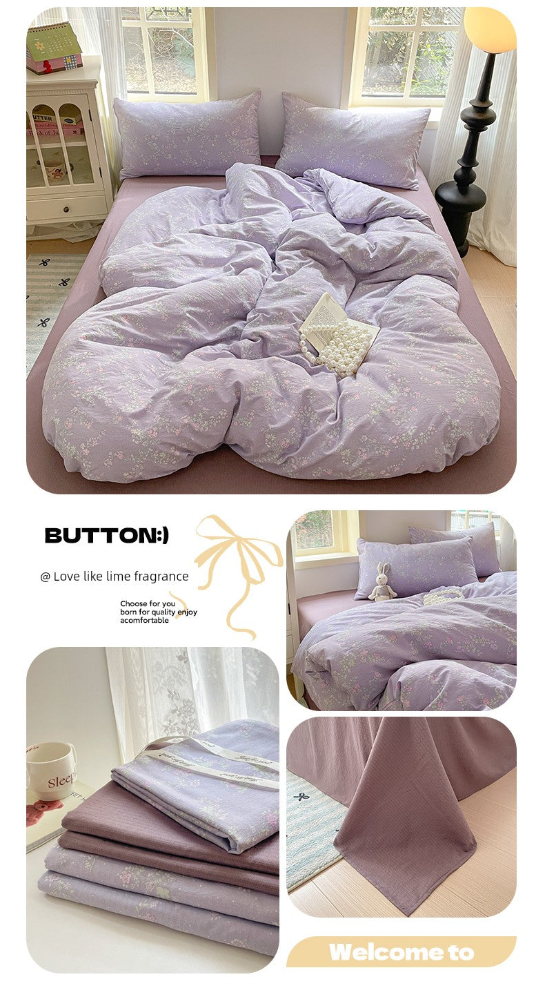 Young Adult Heart Double-Layer Yarn Bedding Four-Piece Set Washed Cotton Duvet Cover Dormitory Bed Single Student Three-Piece Set 4 Julia M LifeStyles