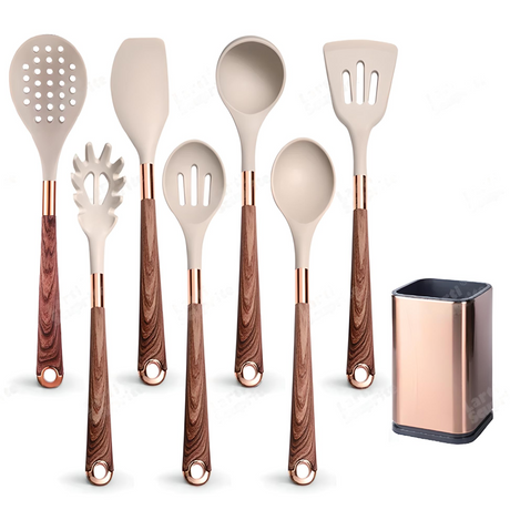 Silicone Kitchen Utensils Set - Heat Resistant, Non-stick, Rose Gold Plated Handles