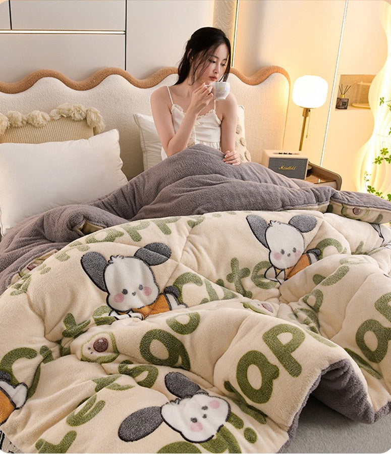 Woman sitting on a bed with a cartoon-themed comforter, text about warmth and consideration.
