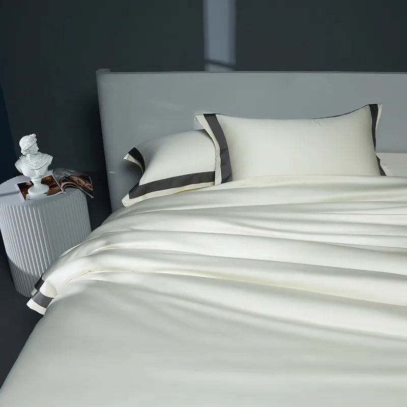Premium 1400TC Egyptian Cotton Smooth Soft Bedding Set Chic White Grey Patchwork Duvet Cover Flat/Fitted Bed Sheet Pillowcases