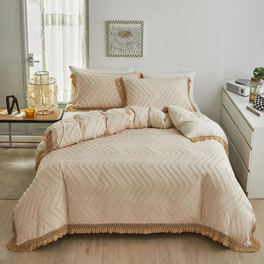 Bohemia Wavy Cut Flowers with Tassel Duvet Cover Set Single Double Boho Bedding Set Queen Soft Grace Quilt Cover and Pillowcases