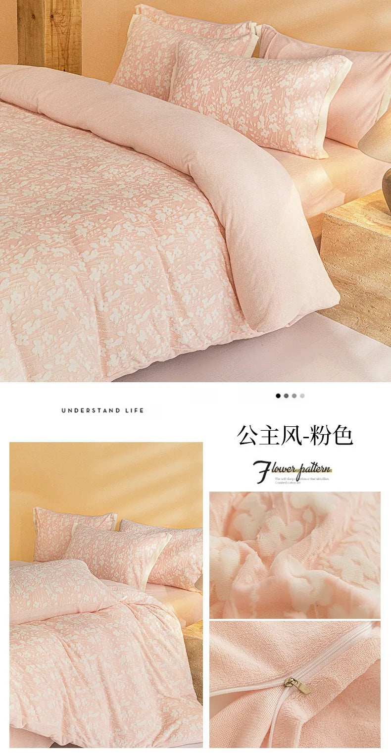 High-end Thickened Milk Fleece Carving Four-piece Skin-friendly Three-dimensional Jacquard Bedding Kit