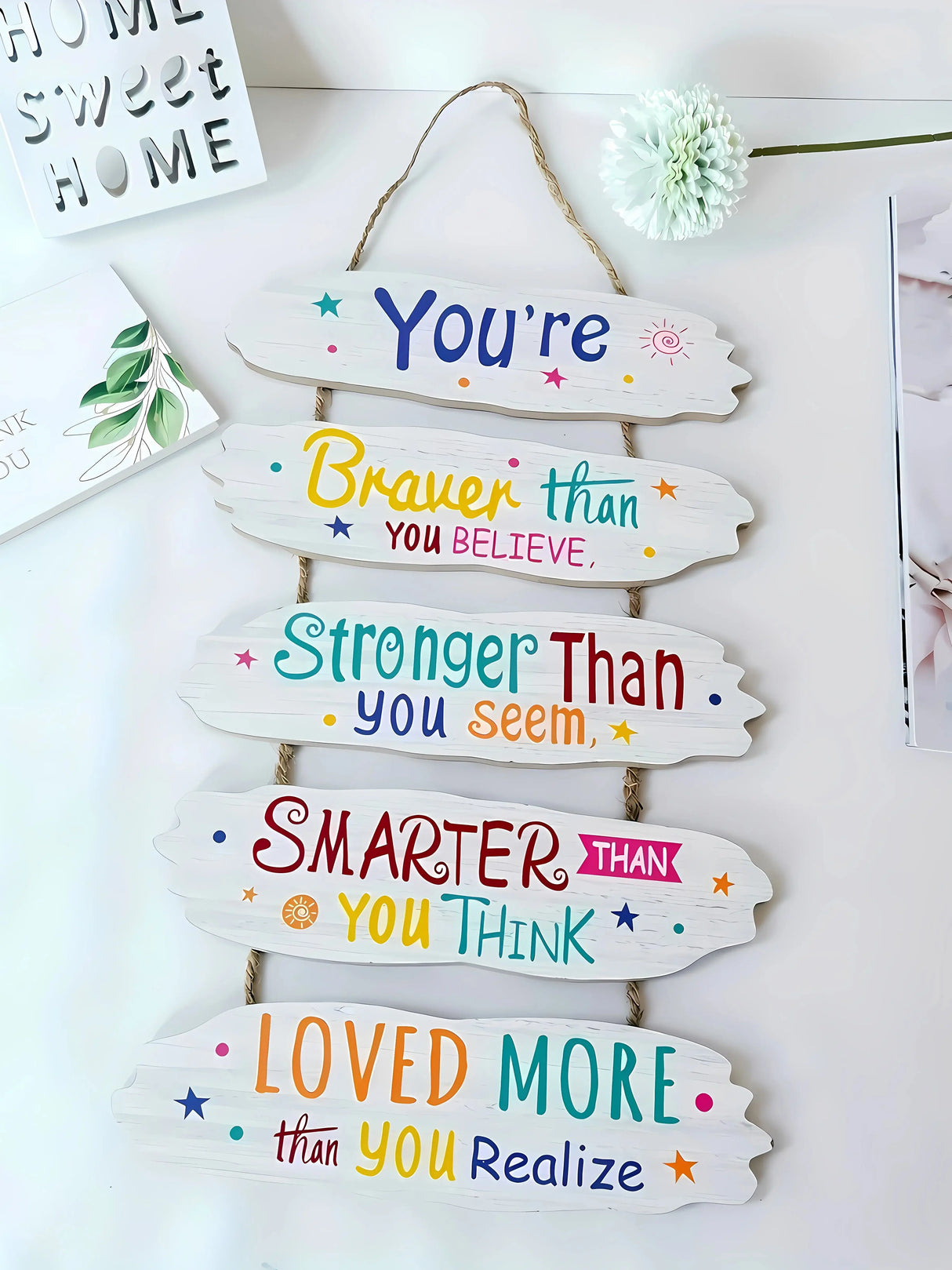 Wooden Inspirational Hanging Wall Art with Rope for Home Decor