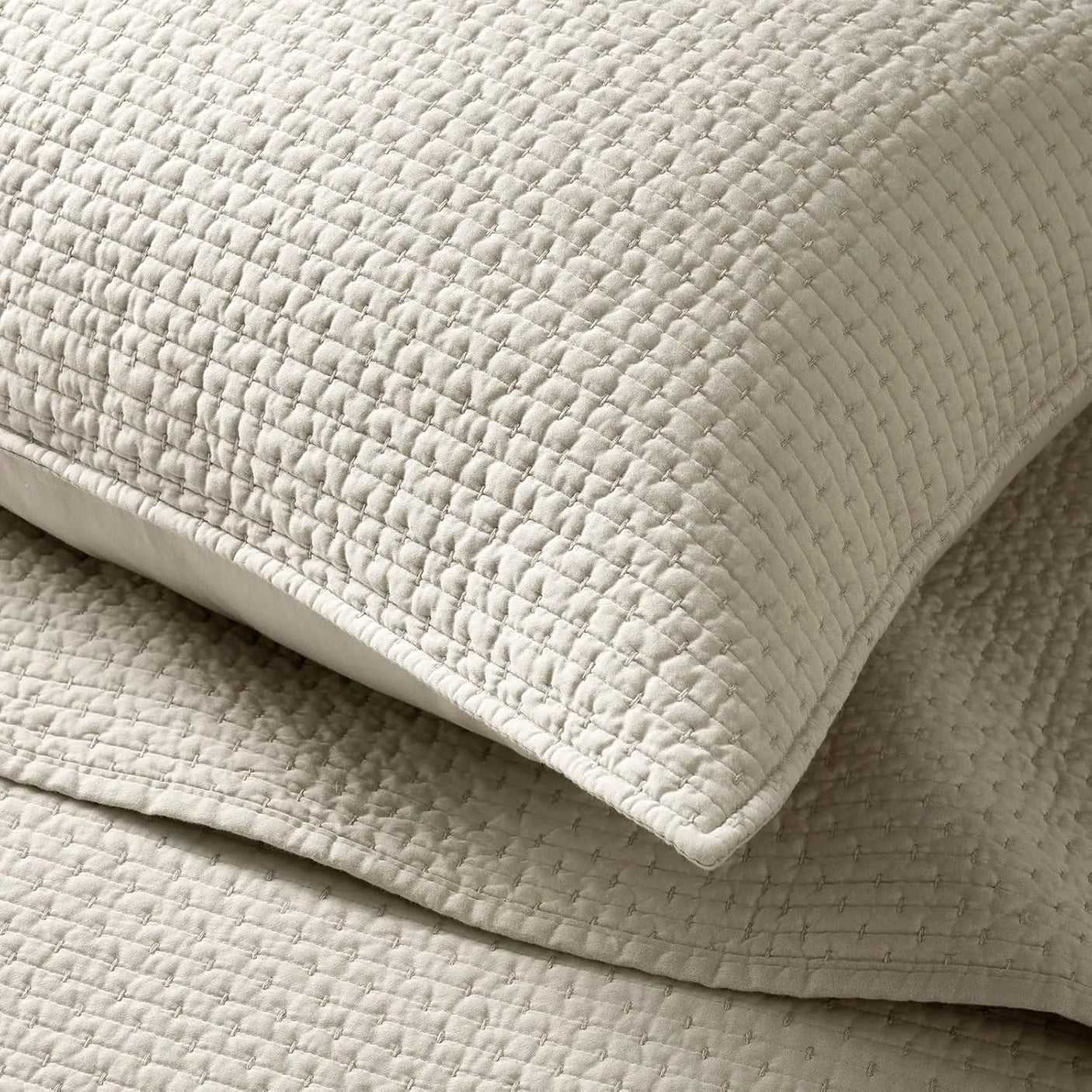 Cotton Sateen Pick-Stitch Quilt Set Queen Size – 100% Cotton Lightweight Coverlet, All-Season Quilt with 2 Shams, Parchment