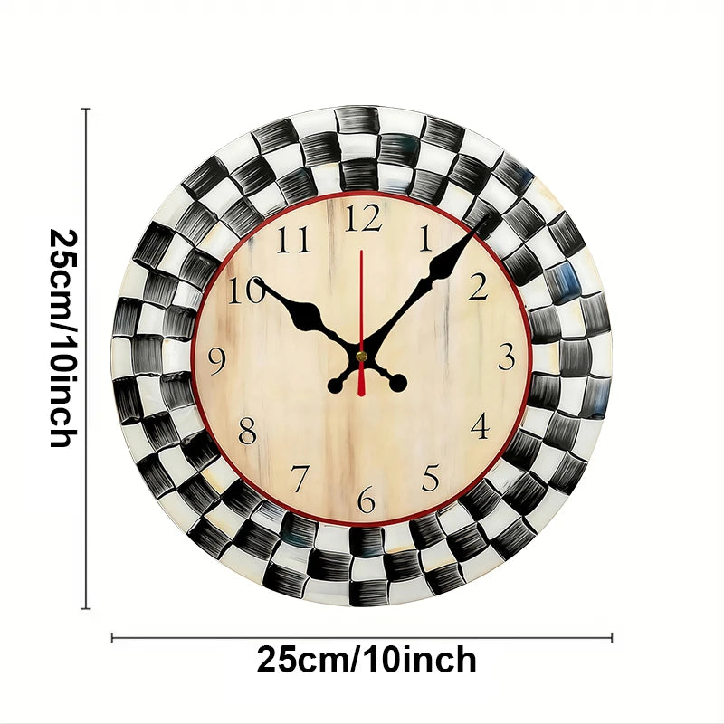 Elegant Black And White Grid Wooden Round Silent Wall Clock