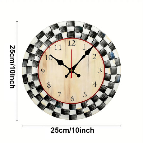 Elegant Black And White Grid Wooden Round Silent Wall Clock