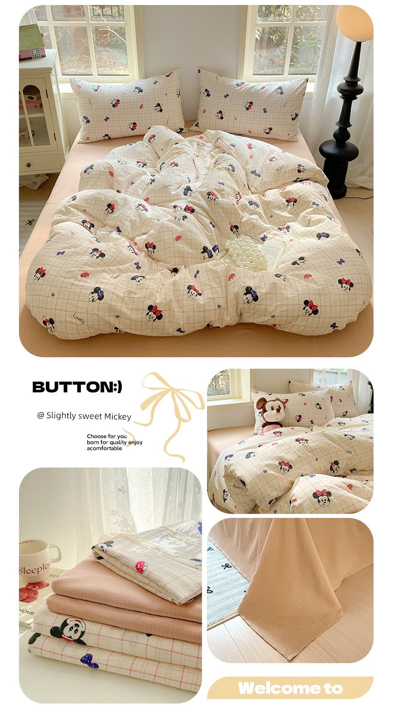 Young Adult Heart Double-Layer Yarn Bedding Four-Piece Set Washed Cotton Duvet Cover Dormitory Bed Single Student Three-Piece Set 4 Julia M LifeStyles