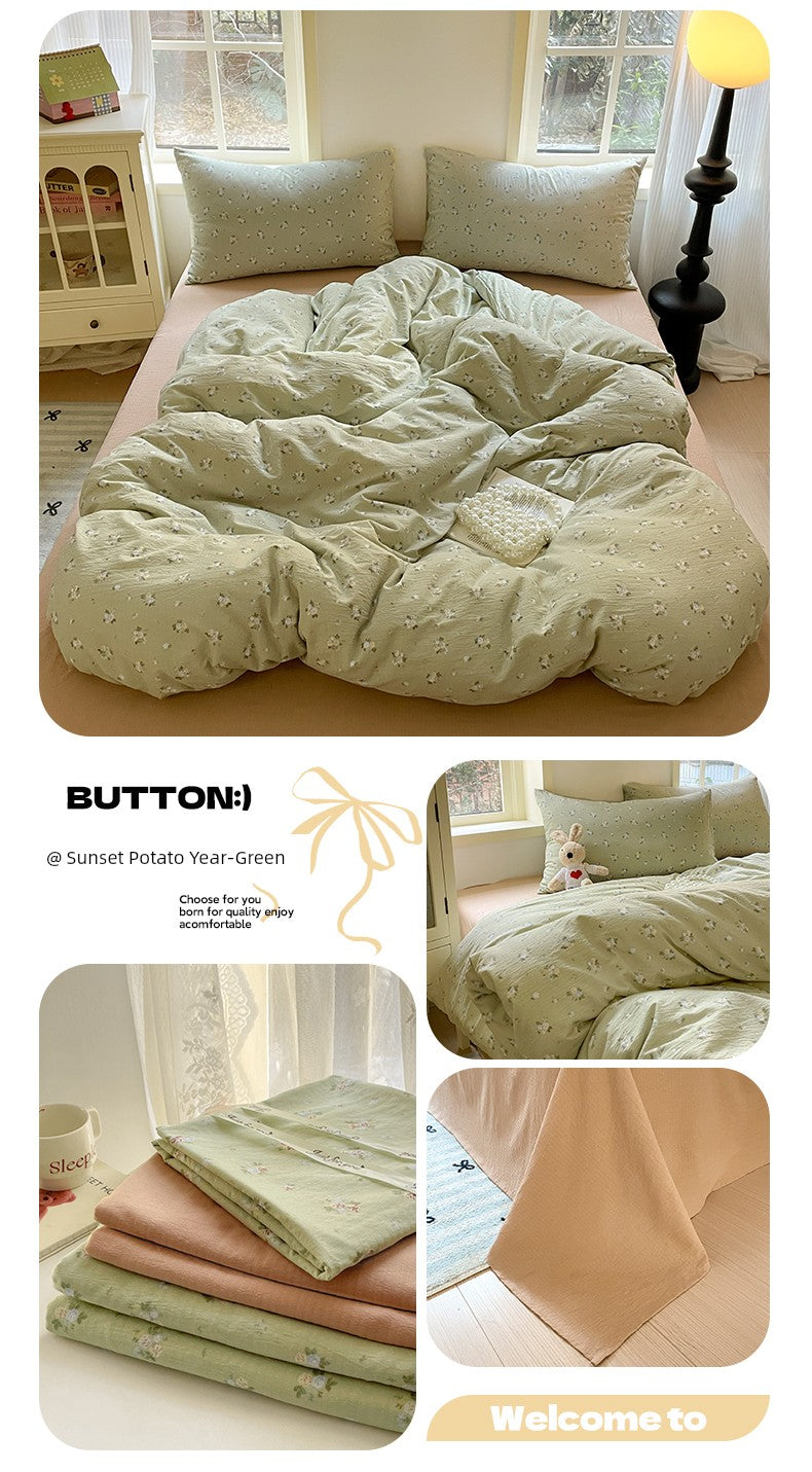 Young Adult Heart Double-Layer Yarn Bedding Four-Piece Set Washed Cotton Duvet Cover Dormitory Bed Single Student Three-Piece Set 4 Julia M LifeStyles