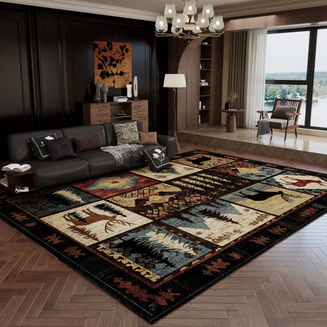 Living room with a patterned rug, sofa, and decorative items.