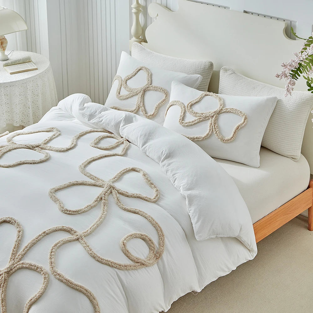 New Bow-knot Tufted Cut Flower Quilt Cover Set Queen Tufting Duvet Cover and Pillowcase Comfortable Skin-Friendly Blanket Covers