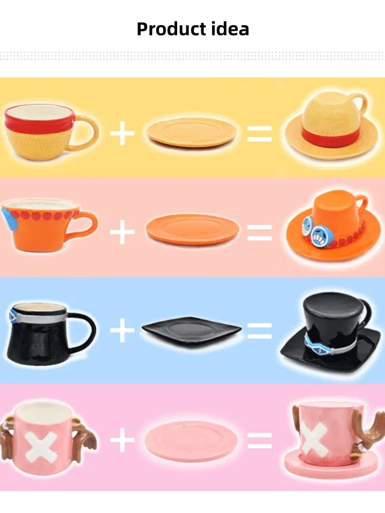 Anime Coffee Mug with Saucer Creative Luffy Ace Sabo Three Brothers Hat Shaped Ceramic Coffee Cup Child's Birthday Gift Cup Julia M LifeStyles