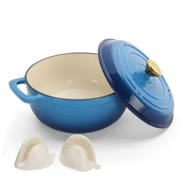 Gradient Blue 5QT Cast Iron Cooking Enamel Pot with Two Silicone Gloves for Soup & Stock Pots Julia M Home & Kitchen