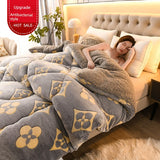 Woman lying on a bed with a floral patterned comforter, promotional text overlay.