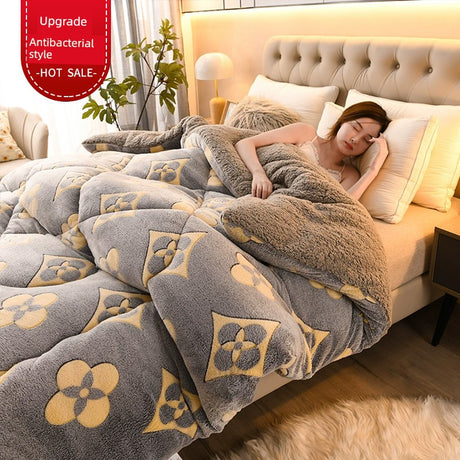 Woman lying on a bed with a floral patterned comforter, promotional text overlay.