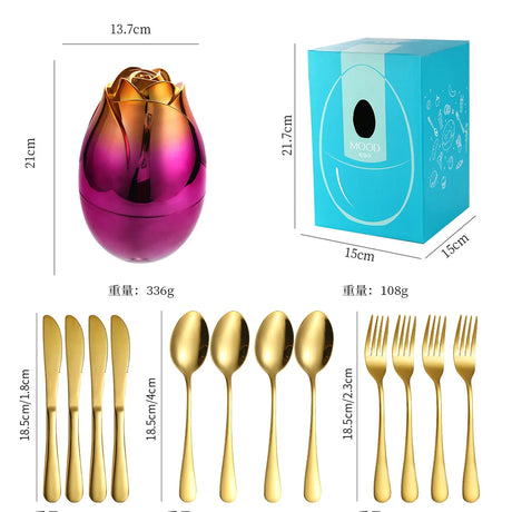 Rose Egg Stainless Steel Fork and Spoon Set with Storage Box