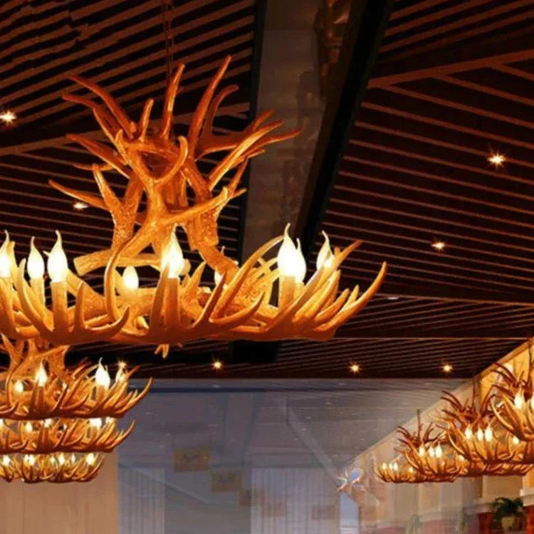 Rustic Alpine Hand-Crafted Deer Antler Pendant Chandelier